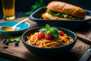 Spaghetti mit Tomate Soße und ein Sandwich auf ein hölzern Tisch. KI-generiert foto