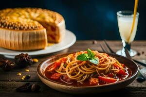 Spaghetti mit Tomate Soße und Brot auf ein hölzern Tisch. KI-generiert foto