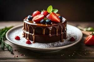 Schokolade Kuchen mit Beeren und Beeren auf ein Platte. KI-generiert foto