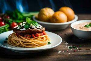 Spaghetti mit Fleisch und Gemüse auf ein hölzern Tisch. KI-generiert foto