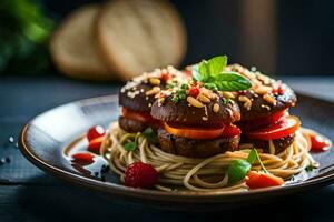 ein Teller von Spaghetti mit Fleischklößchen und Tomaten. KI-generiert foto