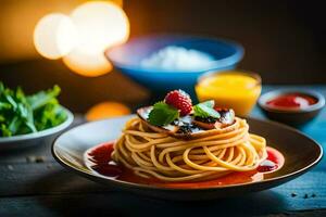 Spaghetti mit Tomate Soße und Pilze auf ein Platte. KI-generiert foto