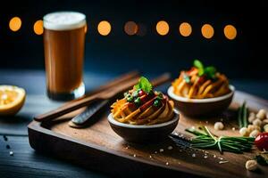 zwei Schalen von Essen mit ein Glas von Bier. KI-generiert foto