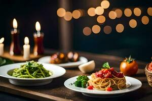 ein Tabelle mit Platten von Essen und Kerzen. KI-generiert foto