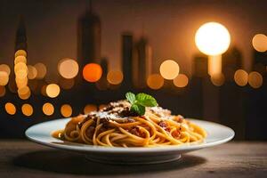 Spaghetti mit Tomate Soße und Basilikum auf ein Platte. KI-generiert foto