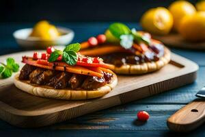 zwei Gebäck mit Fleisch und Gemüse auf ein Schneiden Tafel. KI-generiert foto