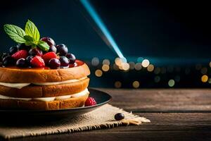 ein Kuchen mit Beeren und Sahne auf ein hölzern Tisch. KI-generiert foto