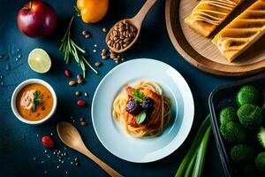 ein Vielfalt von Essen Artikel einschließlich Pasta, Gemüse und Brot. KI-generiert foto