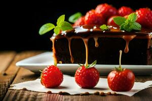 ein Stück von Schokolade Kuchen mit Erdbeeren auf ein Platte. KI-generiert foto