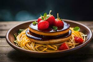 Pfannkuchen mit Erdbeeren und Soße auf ein Platte. KI-generiert foto