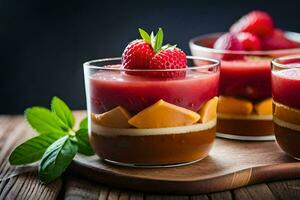 drei Dessert Tassen mit Erdbeeren und Creme. KI-generiert foto