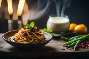 Spaghetti mit Preiselbeeren und Granatapfel auf ein hölzern Tisch. KI-generiert foto