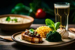 ein Teller mit Essen und ein Glas von Bier. KI-generiert foto