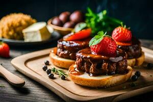 drei Hamburger mit Erdbeeren und Käse auf ein hölzern Schneiden Tafel. KI-generiert foto