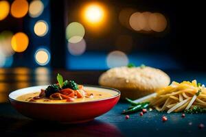 ein Schüssel von Suppe und Nudeln sitzen auf ein Tabelle mit ein verschwommen Hintergrund. KI-generiert foto