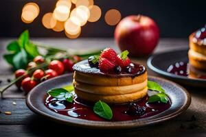 zwei Kuchen mit Beeren und Äpfel auf ein Platte. KI-generiert foto