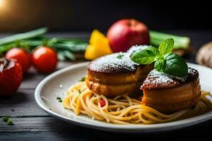 Spaghetti mit Fleischklößchen und Gemüse auf ein Platte. KI-generiert foto