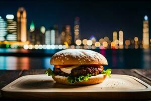 ein Hamburger auf ein hölzern Tafel mit Stadt Beleuchtung im das Hintergrund. KI-generiert foto