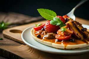 ein Teller mit ein Pfannkuchen gekrönt mit Erdbeeren und ein Gabel. KI-generiert foto