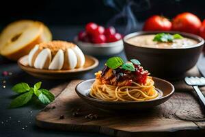 Spaghetti mit Fleisch Soße und Gemüse auf ein hölzern Tisch. KI-generiert foto