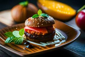 ein Hamburger mit Soße und Gemüse auf ein hölzern Platte. KI-generiert foto