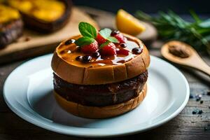 ein Hamburger mit Beeren und Schokolade auf ein Platte. KI-generiert foto