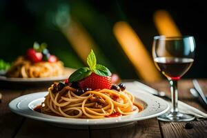 Spaghetti mit Tomate Soße und frisch Beeren auf ein Platte. KI-generiert foto