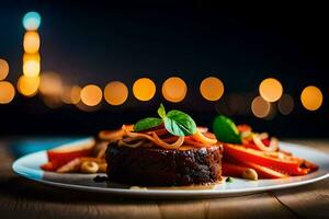 ein Teller von Essen mit Gemüse und Fleisch auf ein hölzern Tisch. KI-generiert foto