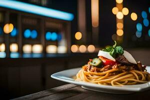 ein Teller von Spaghetti mit Tomate und Mozzarella auf ein hölzern Tisch. KI-generiert foto