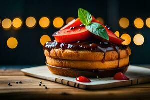 ein Kuchen mit Erdbeeren und Schokolade auf oben. KI-generiert foto