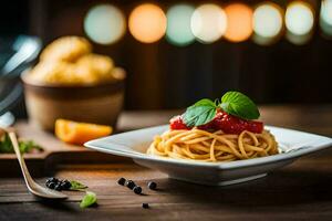 Spaghetti mit Tomate Soße und Basilikum Blätter auf ein hölzern Tisch. KI-generiert foto