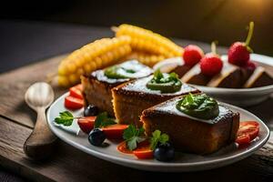 Essen auf ein Teller mit Mais, Beeren und ein Löffel. KI-generiert foto