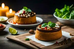 ein Teller mit ein Dessert und ein Schüssel von Salat. KI-generiert foto