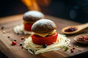 zwei Hamburger auf ein hölzern Tafel mit Spaghetti. KI-generiert foto