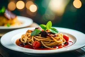 Spaghetti mit Tomate Soße und Basilikum Blätter auf ein Platte. KI-generiert foto