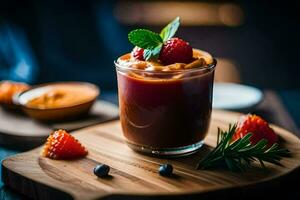 ein Glas von Schokolade Pudding mit Beeren und Minze. KI-generiert foto