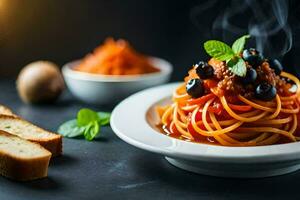 Spaghetti mit Tomate Soße und Oliven auf ein Platte. KI-generiert foto