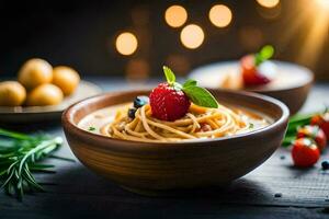 Spaghetti mit Tomate Soße und frisch Beeren im ein hölzern Schüssel. KI-generiert foto