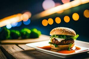 ein Hamburger mit Soße auf ein Platte. KI-generiert foto