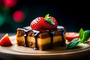 ein Stück von Kuchen mit Erdbeeren und Schokolade. KI-generiert foto