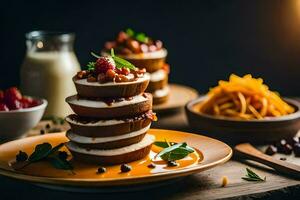 ein Stapel von Pfannkuchen mit Beeren und Creme. KI-generiert foto