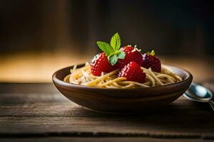 Spaghetti mit Erdbeeren und Minze Blätter im ein hölzern Schüssel. KI-generiert foto