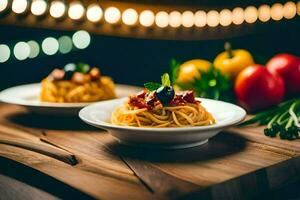 Spaghetti mit Tomaten und Oliven auf ein hölzern Tisch. KI-generiert foto