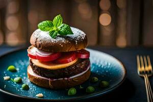 ein Burger mit ein Essiggurke und Zwiebel auf ein Blau Platte. KI-generiert foto