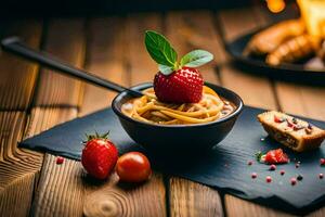 Pasta mit Erdbeeren und Brot auf ein hölzern Tisch. KI-generiert foto