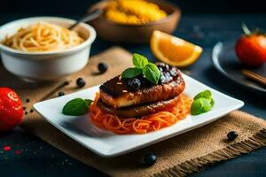 ein Teller von Essen mit Spaghetti und Fleisch. KI-generiert foto