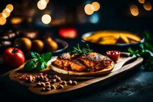 ein Teller von Essen mit Fleisch, Gemüse und Gewürze. KI-generiert foto