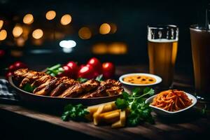 Essen und trinken auf ein Tabelle mit ein Bier. KI-generiert foto