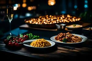 Platten von Essen und Wein auf ein Tisch. KI-generiert foto