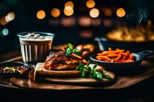 Essen auf ein Tabelle mit ein Glas von Milch. KI-generiert foto